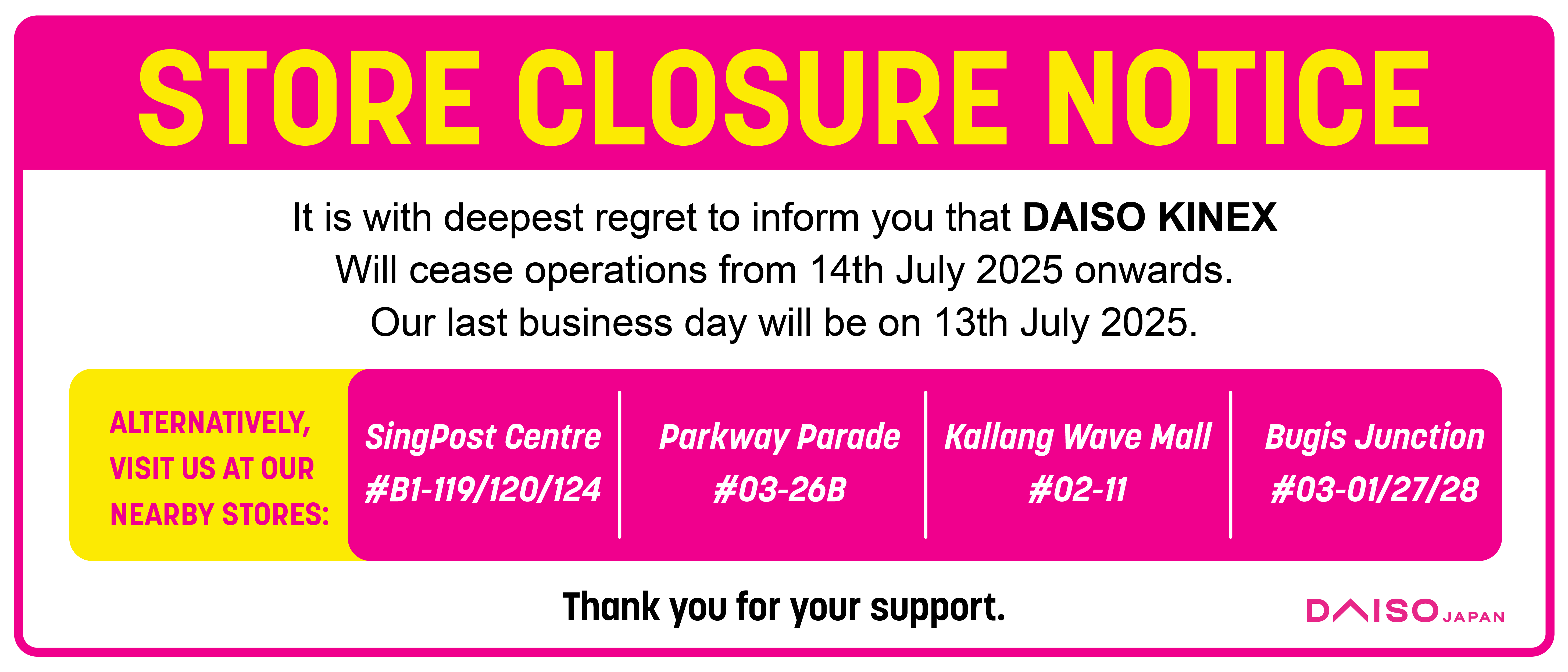 DAISO KINEX Closure Notice