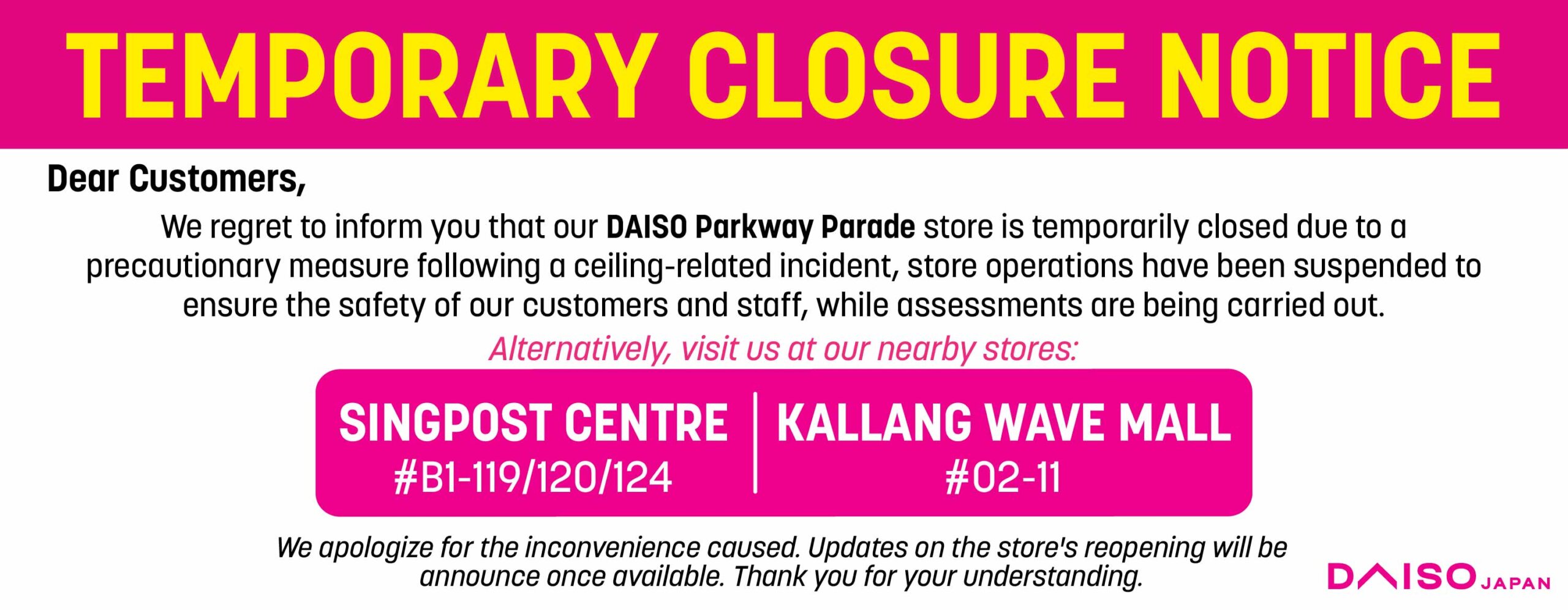 Temporary Closure Notice @ Daiso Parkway Parade